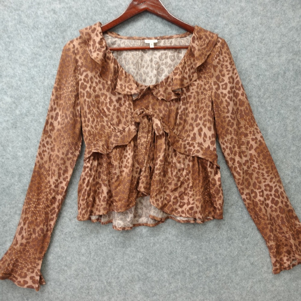Y2K Leopard Print Crop Top Womens MEDIUM Brown Indie Ruffle Peplum SELF E